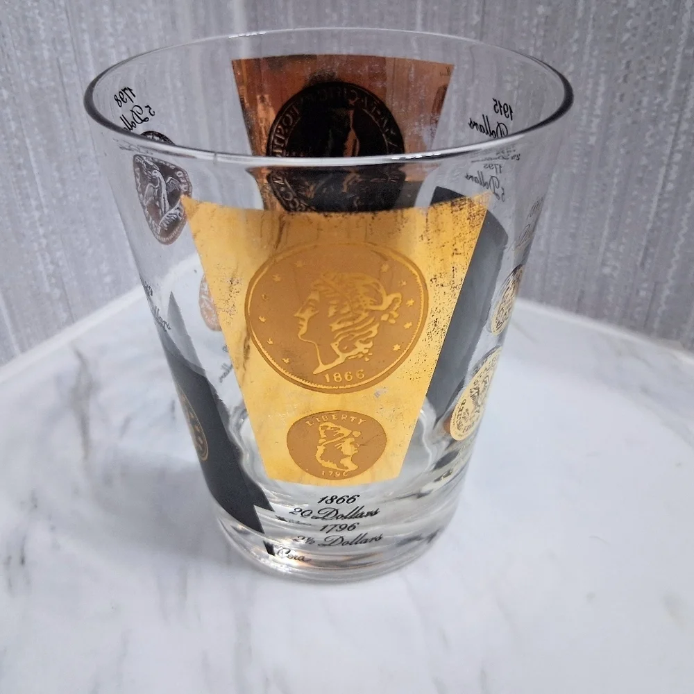 Vintage Cera US Coins Double Old Fashioned Glasses 22k Historical Barware Pair